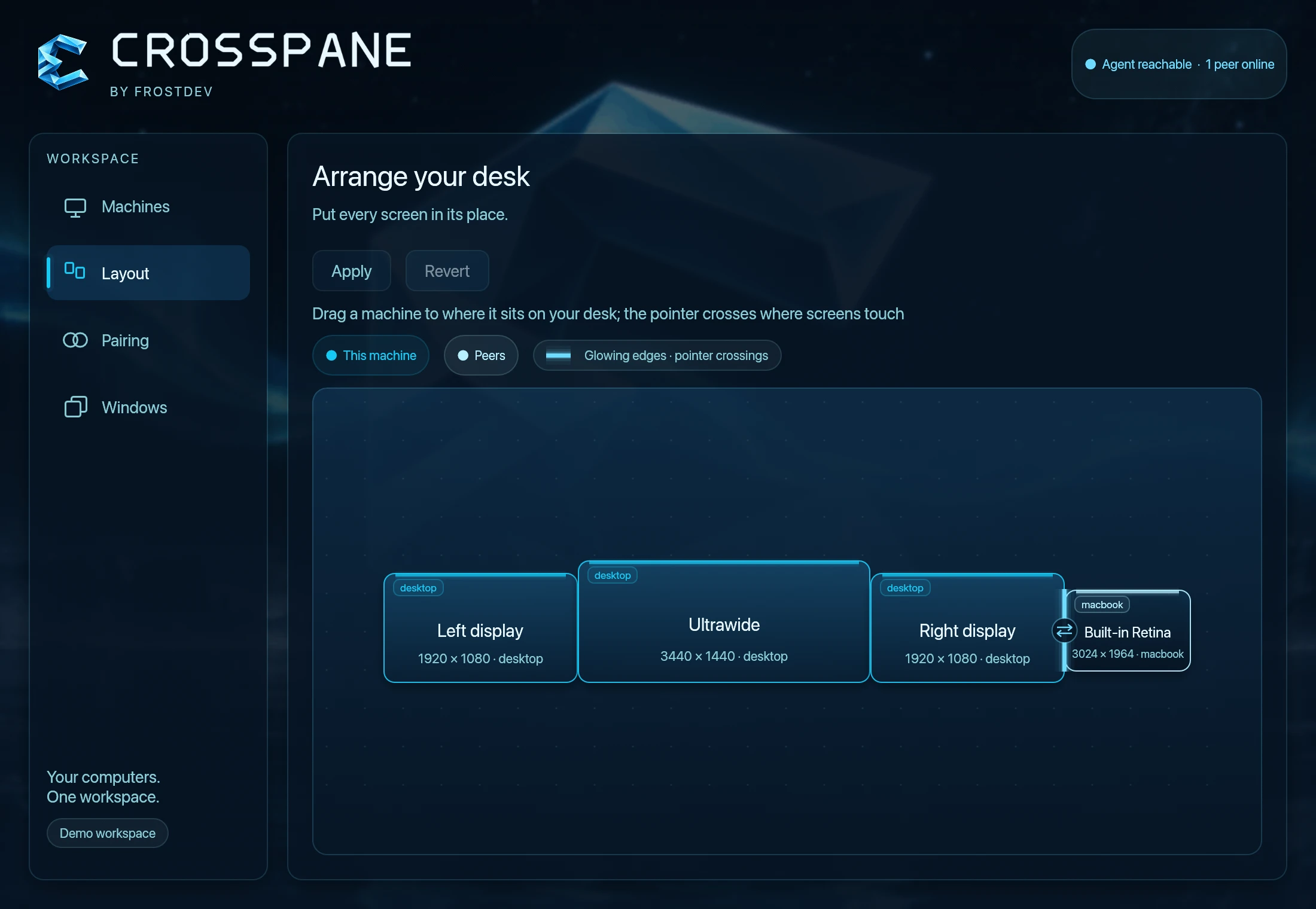 Crosspane Layout settings with a desktop and MacBook displays arranged on the shared desk canvas.
