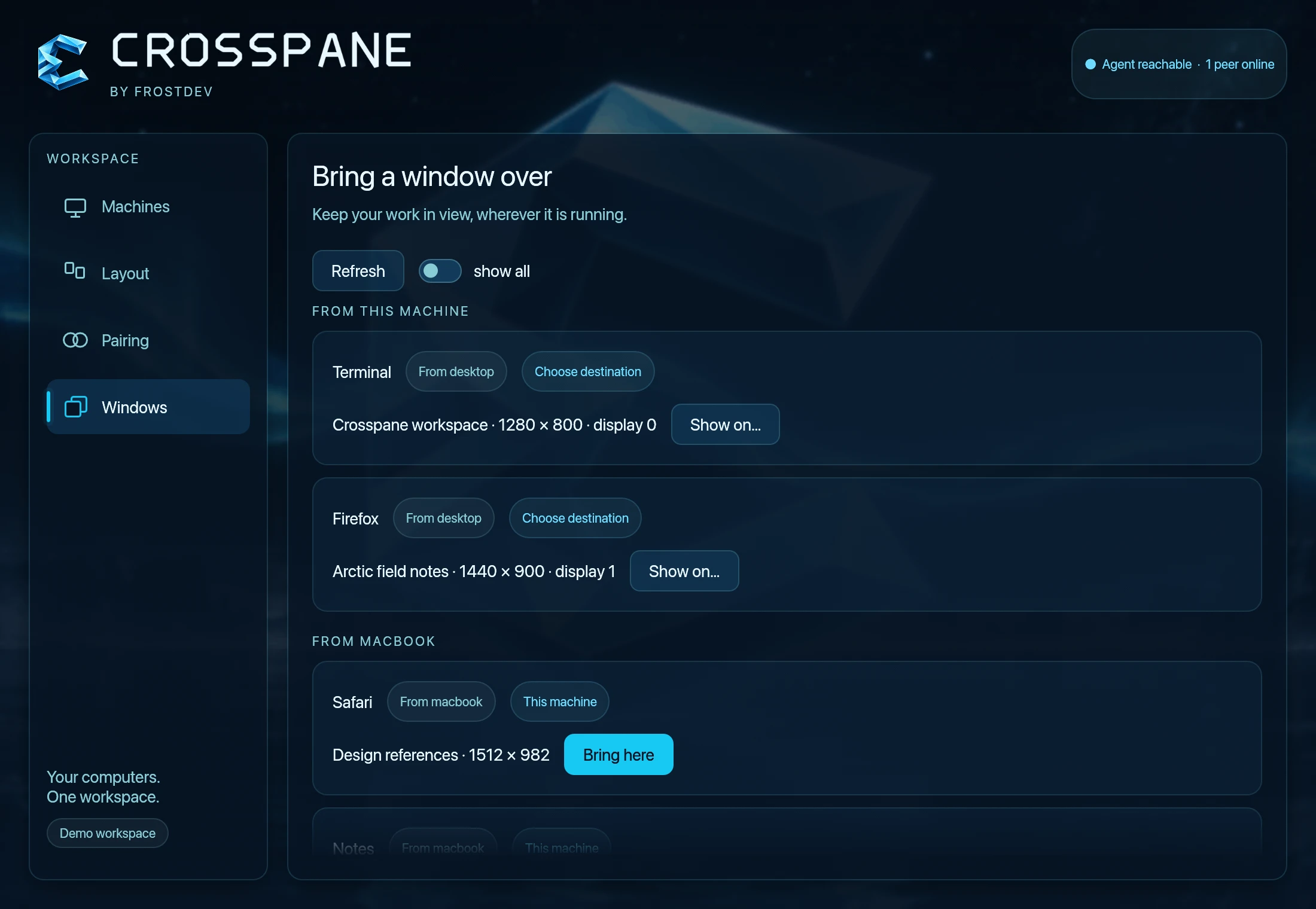 Crosspane Windows settings, with windows from the demo desktop and MacBook and the Bring here action.