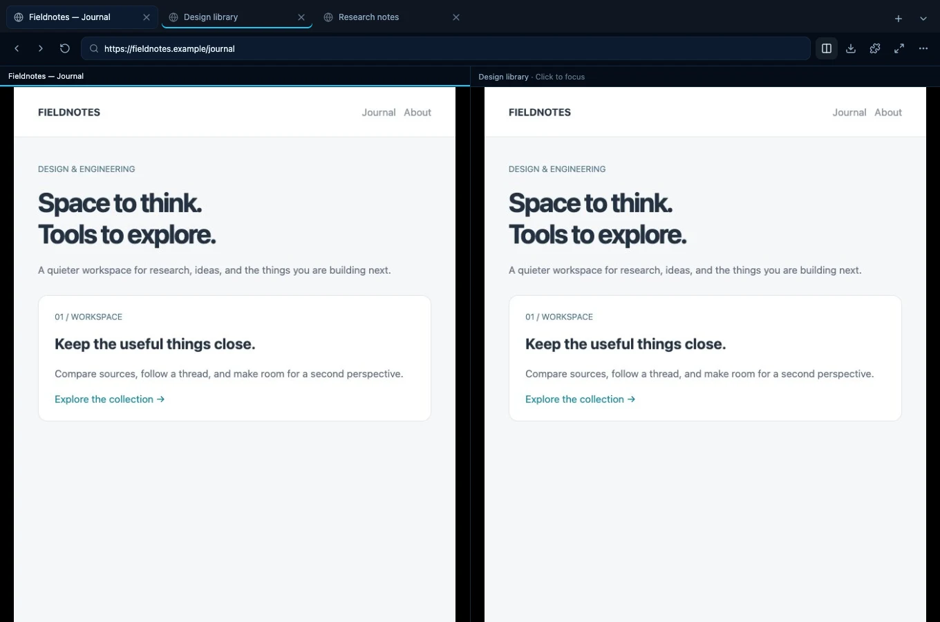 Rimeward’s browser workspace with two pages open side by side